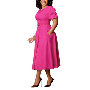 Elegant Dresses for Women 2026 New O Neck Short Sleeve Belt Waisted Pleated Mid Calf Fashion Ladies Birthday Party Dinner Dress