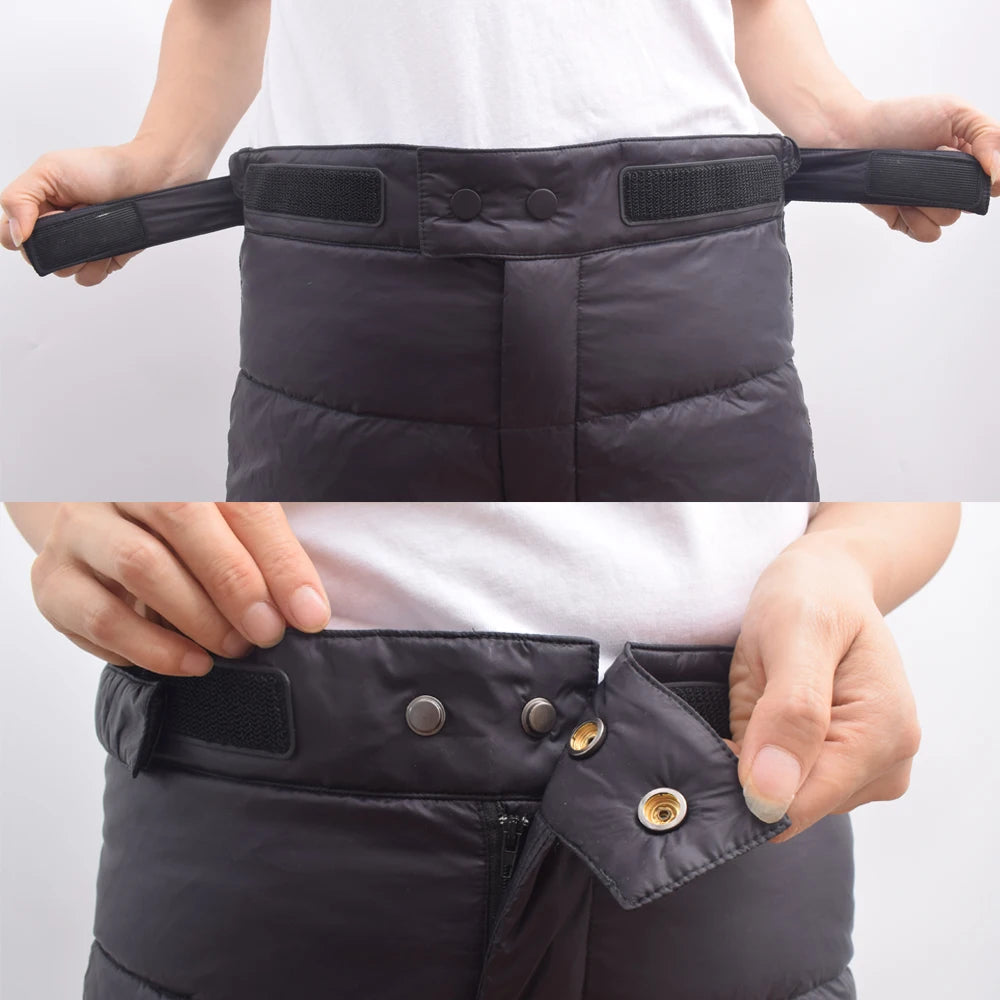 Lightweight winter hiking down pants for men and women by Hot Trend Vault, showcasing the warm, insulated outerwear in a natural outdoor setting.