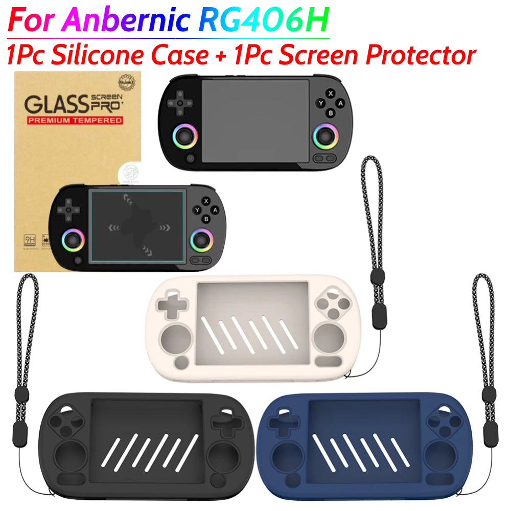 Silicone Case Protective Cover HD Tempered Glass Screen Protector for ANBERNIC RG40XX H Soft Skin Cover Case with Lanyard