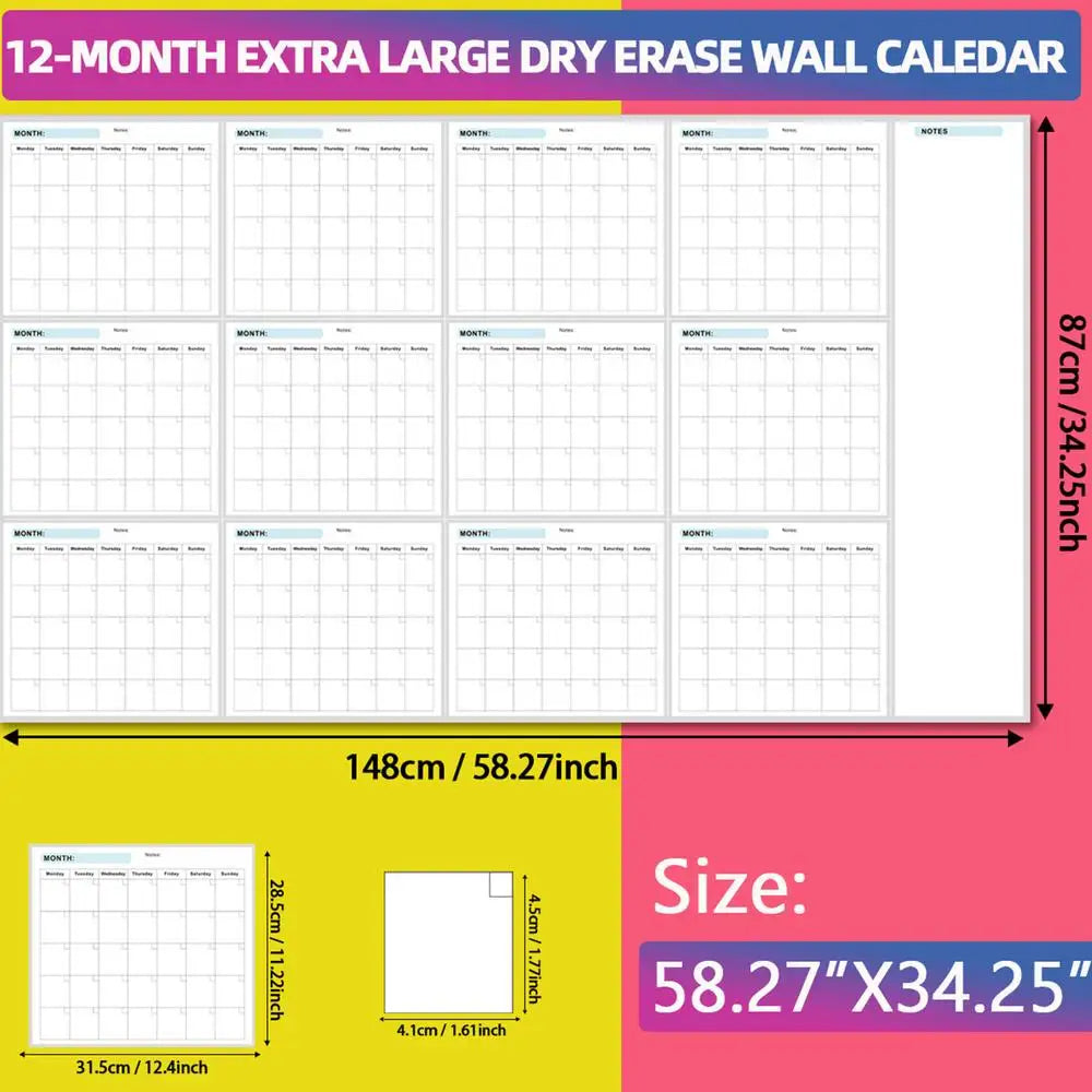 Wall Calendar Erasable Reusable Wall Planner 35X58In Dry-Erase Design Large Erasable Boards For Offices Home &amp; School
