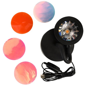 Hot Trend Vault USB sunset rainbow projection lamp displaying colorful sunset and rainbow patterns for bedroom decor and selfies.