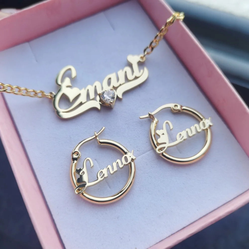 Custom name heart zircon necklace and earrings set by Hot Trend Vault, featuring sparkling zircon accents on a delicate jewelry set.
