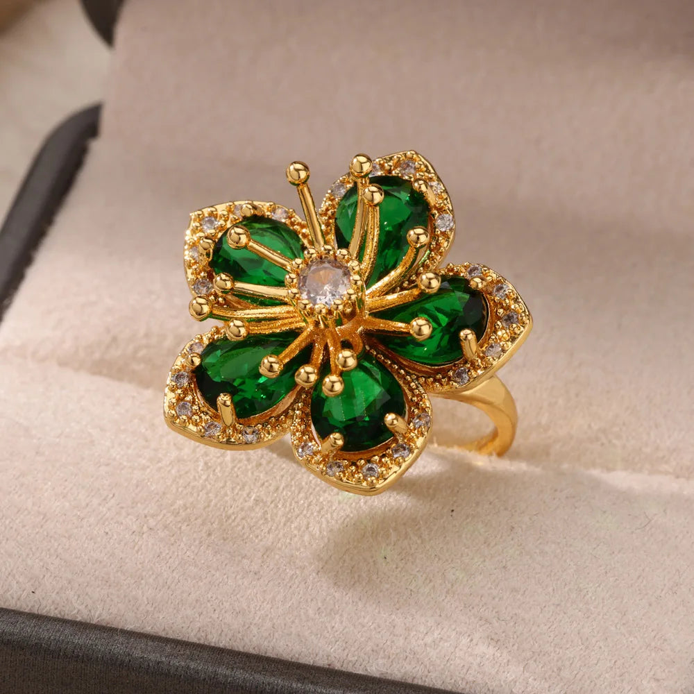 Green Zircon Flower Rings For Women Gold Color Stainless Steel Flower Floral Ring Elegant Luxury Wedding Aesthetic Jewelry Gift