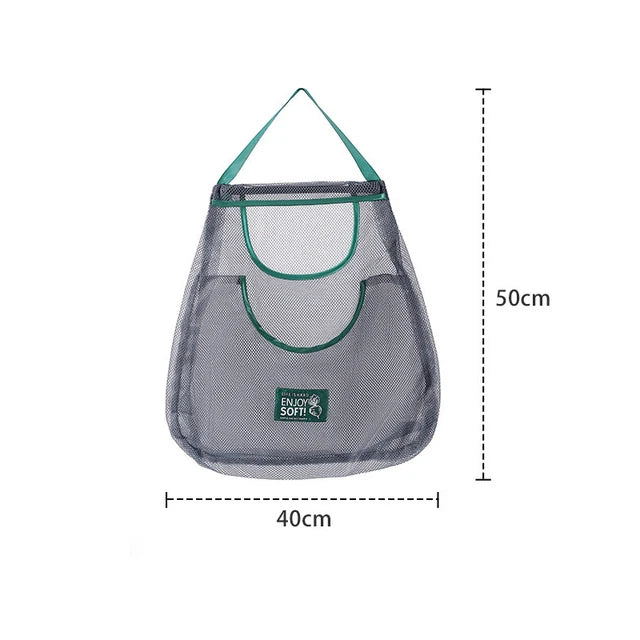Reusable mesh storage bags hanging in a kitchen, ideal for storing vegetables and produce, by Hot Trend Vault.