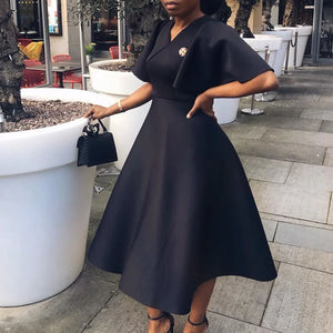 Elegant Dresses for Women V Neck Flare Sleeve High Waisted Pleated A Line Mid Calf Luxury Birthday Party Dinner Vestidos Mujer