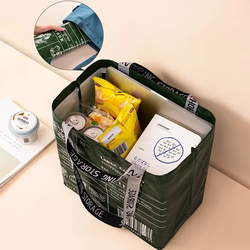 Foldable reusable waterproof shopping tote by Hot Trend Vault, eco-friendly and compact for sustainable shopping.