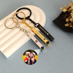 Custom Dascusto Projection Photo Keychain by Hot Trend Vault featuring a personalized memorial name engraving.