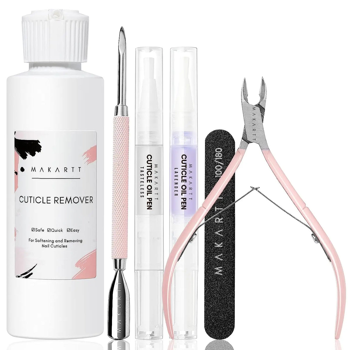 Hot Trend Vault cuticle remover kit with 120ml liquid, oil pen, nail file, and trimmer for professional manicures and nail care.