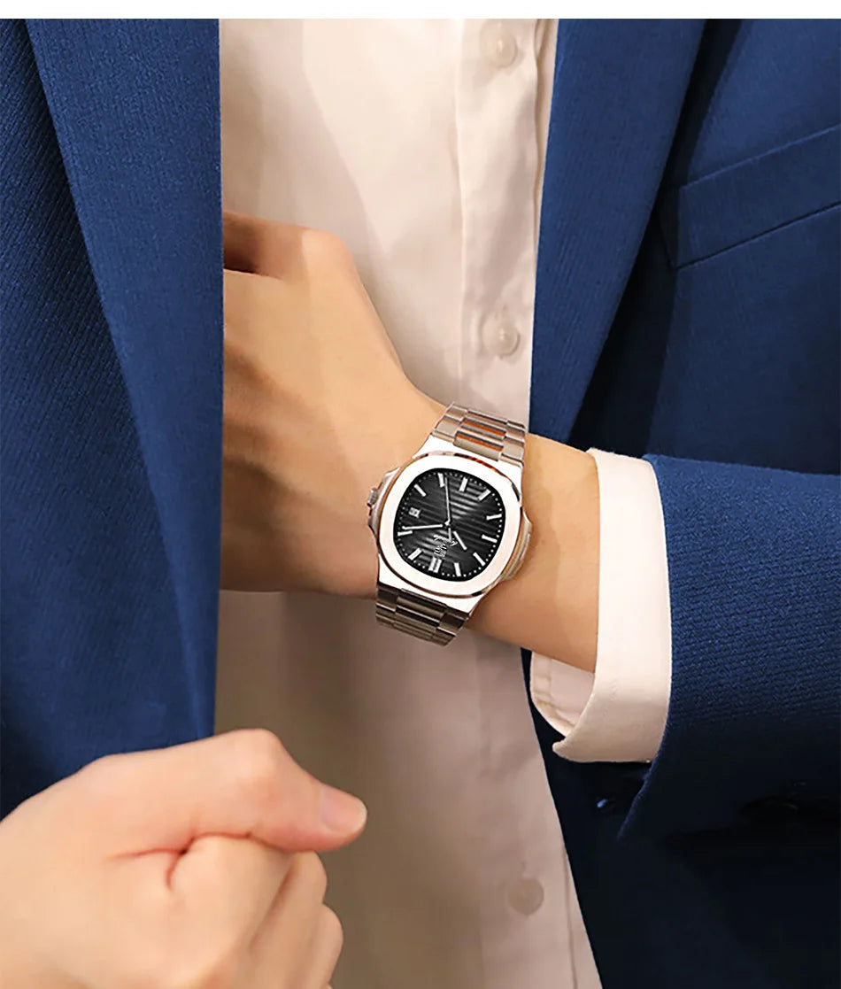 Hot Trend Vault men's square quartz watch with stainless steel band and stripe dial, stylish accessories for everyday wear.