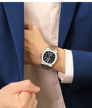 Hot Trend Vault men's square quartz watch with stainless steel band and stripe dial, stylish accessories for everyday wear.
