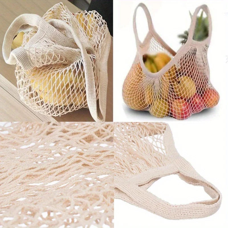 Reusable mesh grocery bag from Hot Trend Vault, washable and eco-friendly for eco-conscious shoppers, shown with fresh produce inside.