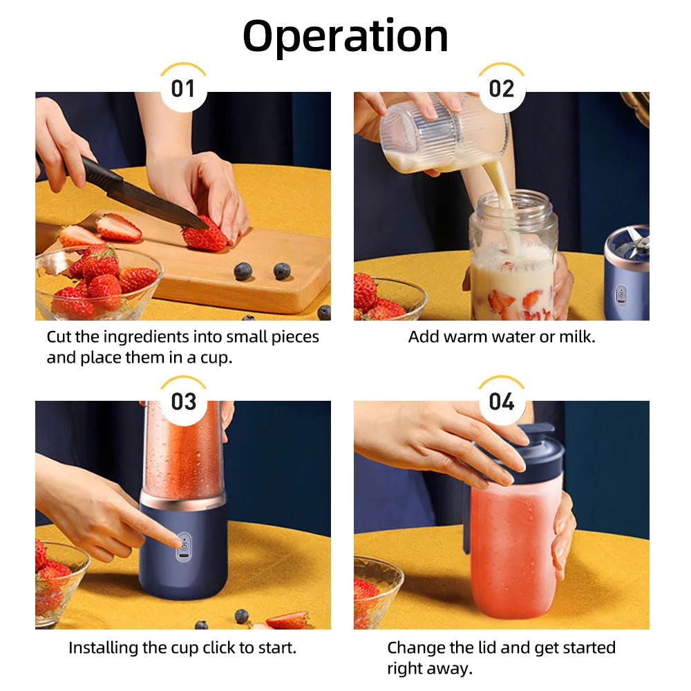 6 Blades Electric Juicer Cup with 2 Cups For Travel Portable Juicer Mixer Usb Charge Fresh Fruit Juice Personal Blender Smoothie