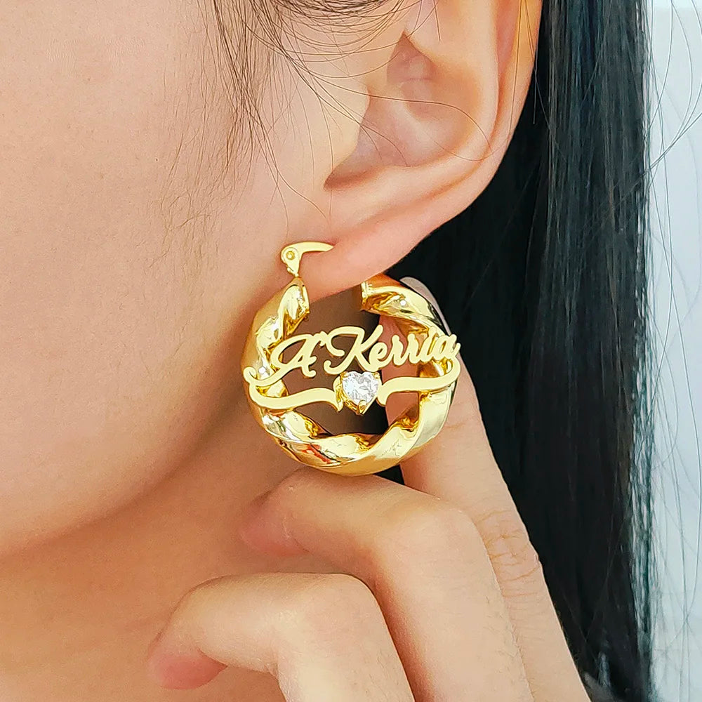 2 Pcs Set Custom Name Jewelry Set Personalized Birthstone Name Necklace 30mm/50mm Heart Bamboo Hoop Earrings for Christmas Gift