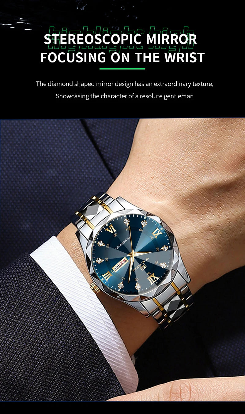 Hot Trend Vault Va Va Voom men's diamond luxury watch with 41mm case, night glow dial, double calendar, quartz movement, accessories.
