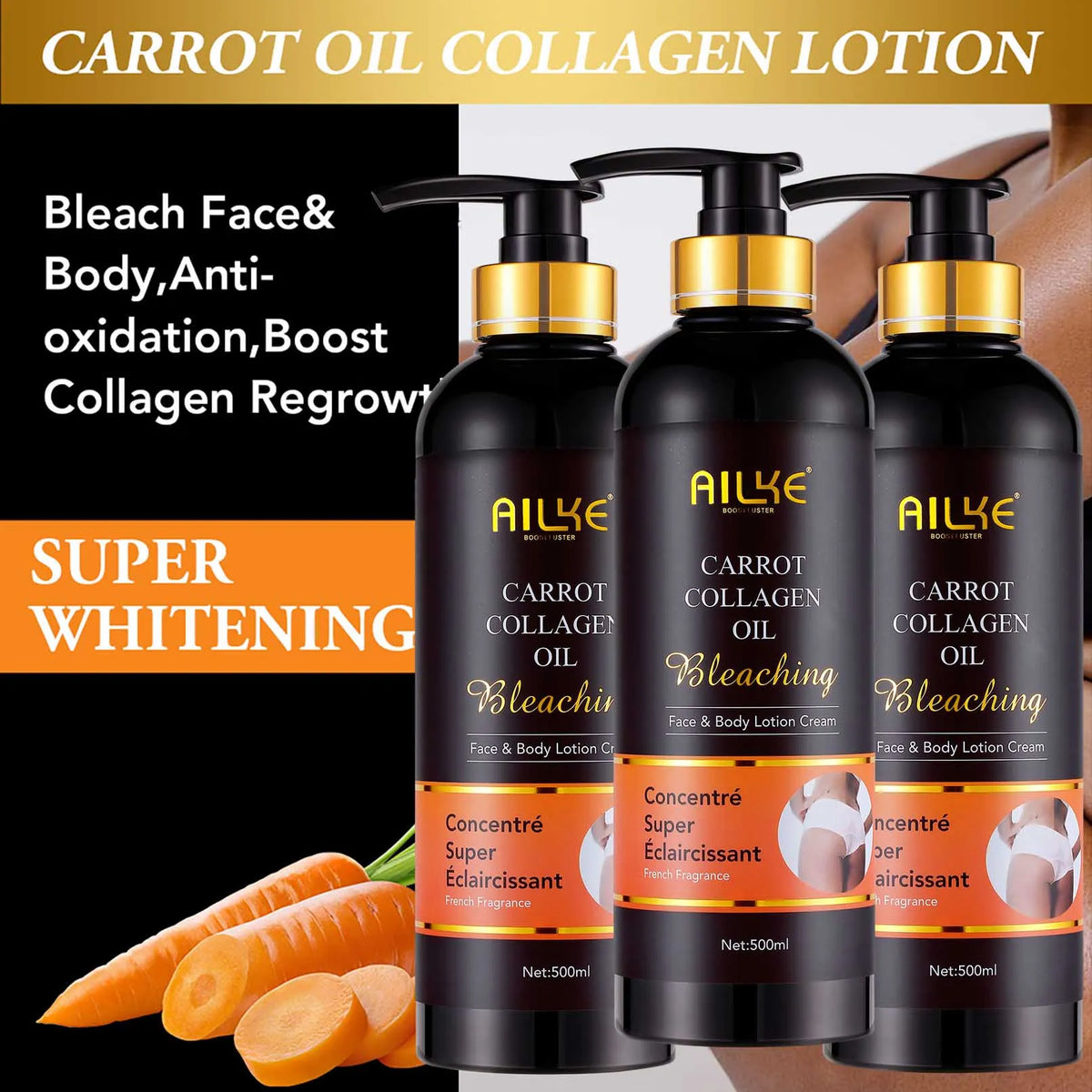 Unisex AILKE Collagen 5-in-1 skin care kit with glow-enhancing products, featuring bottles and jars for even skin tone and radiance.