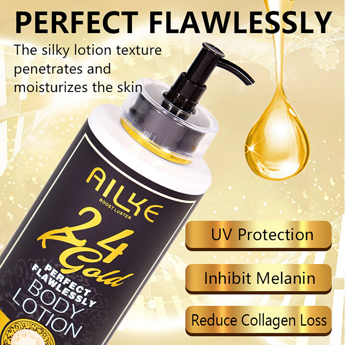 A close-up of the AILKE 24K Gold Collagen Whitening serum bottle from Hot Trend Vault with gold accents and sleek packaging.