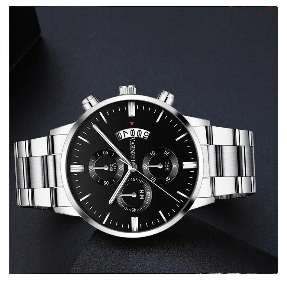 Men's luxury quartz watch with alloy band, round case, and bracelet clasp from Hot Trend Vault, stylish accessory for men.