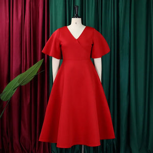 Elegant Dresses for Women V Neck Flare Sleeve High Waisted Pleated A Line Mid Calf Luxury Birthday Party Dinner Vestidos Mujer