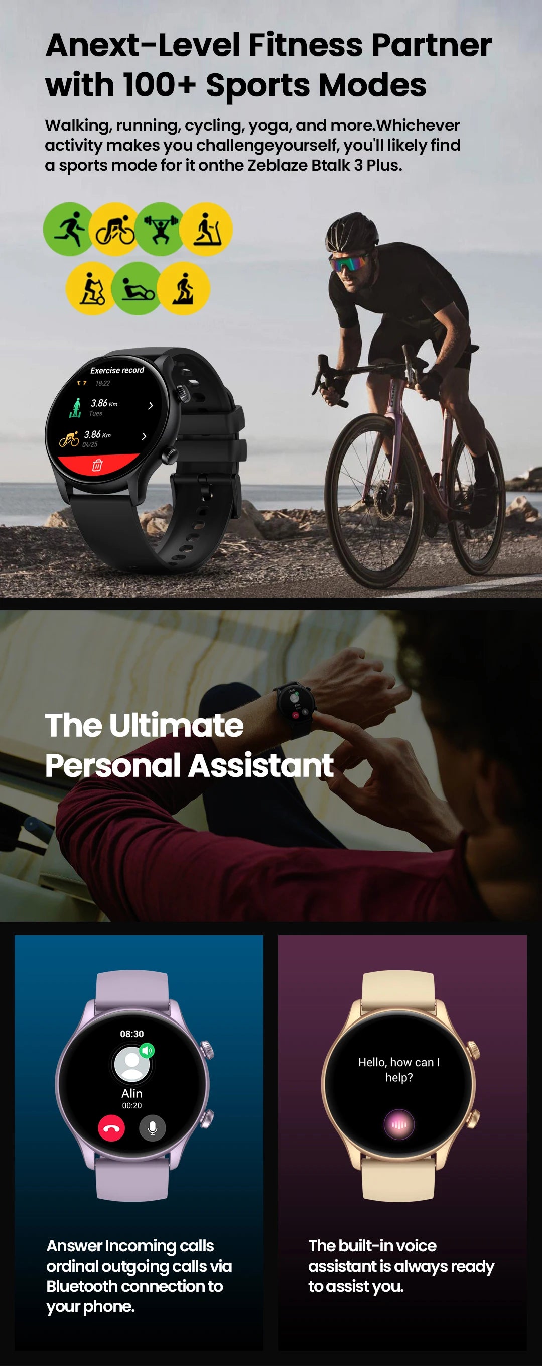 Zeblaze Btalk 3 Plus smartwatch with voice calling feature, black band, digital display, and fitness tracking capabilities.