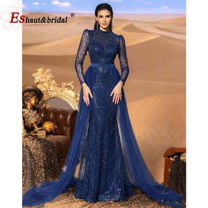 Elegant Wedding Evening  Dress for Women 2025 Muslim Long Sleeves Mermaid Detachable Train Sequined Prom Party Gown Customized