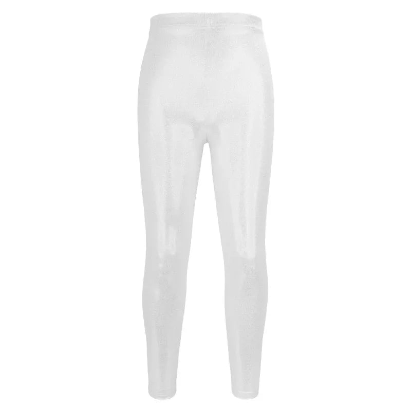 Girls shiny metallic ballet leggings by Hot Trend Vault, featuring breathable high-elastic dance pants for costumes, shown in the image.