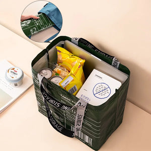 Foldable reusable waterproof shopping tote from Hot Trend Vault, eco-friendly tote bag with handles and compact design for shopping.