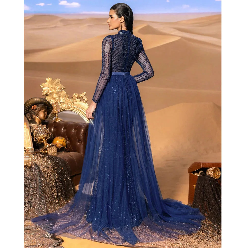 Elegant Wedding Evening  Dress for Women 2025 Muslim Long Sleeves Mermaid Detachable Train Sequined Prom Party Gown Customized