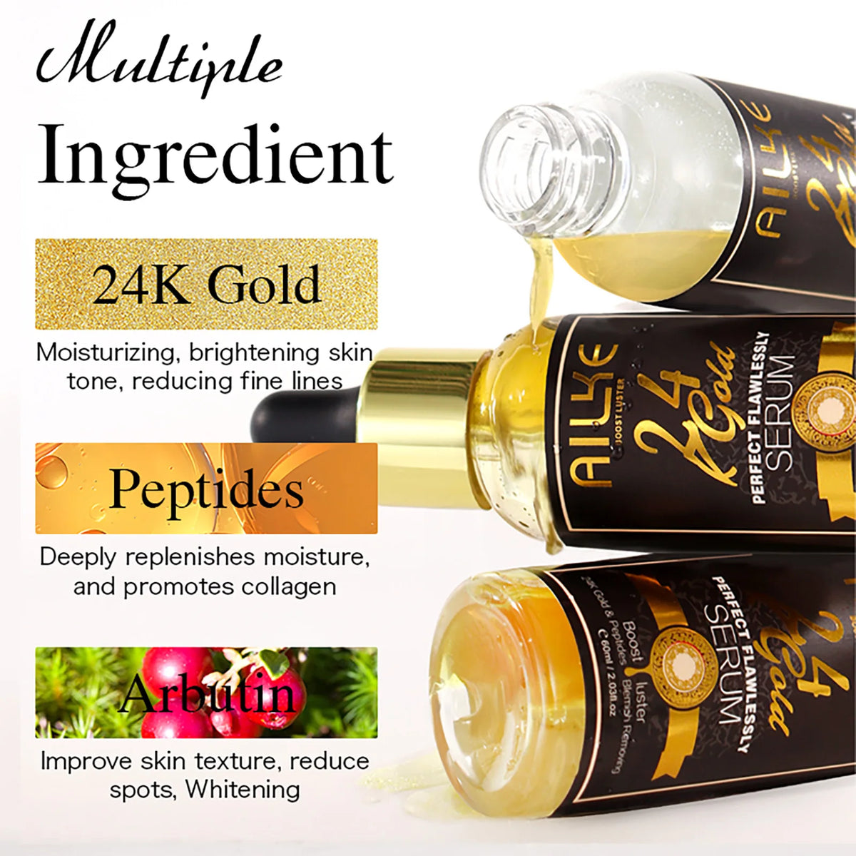Gold collagen whitening serum by Hot Trend Vault, featuring a sleek bottle with 24K gold accents and a clear applicator.