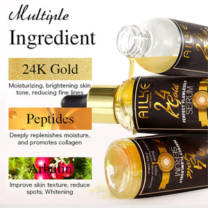 Gold collagen whitening serum by Hot Trend Vault, featuring a sleek bottle with 24K gold accents and a clear applicator.