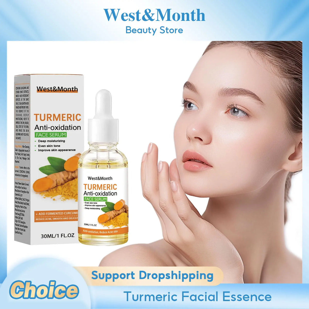 West&amp;Month turmeric face serum by Hot Trend Vault, brightening skin with natural turmeric for freckles, pigmentation, and acne-prone skin.