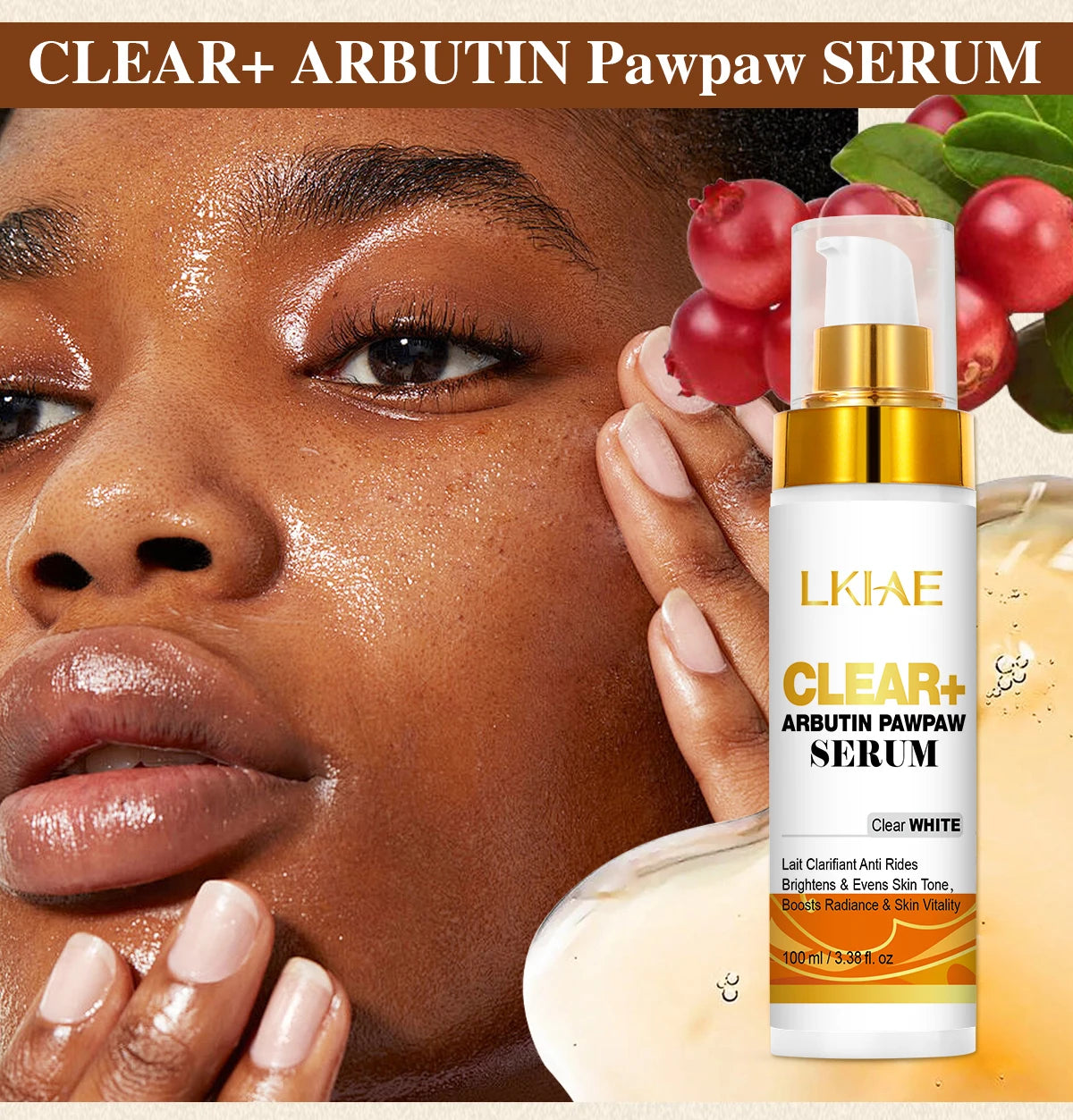 Hot Trend Vault Arbutin whitening serum with vitamin C, papaya, and carrot for dark spot removal and radiant, moisturizing skin.