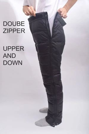 Lightweight hot pink down pants for men and women, designed for winter hiking warmth and comfort by Hot Trend Vault.