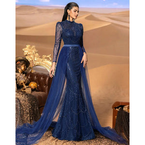 Elegant Wedding Evening  Dress for Women 2025 Muslim Long Sleeves Mermaid Detachable Train Sequined Prom Party Gown Customized