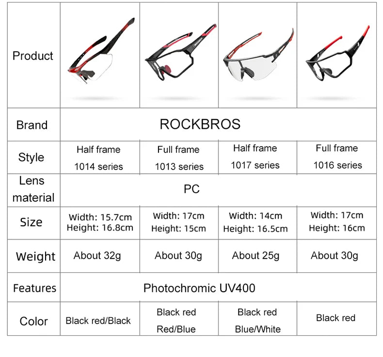 ROCKBROS Cycling Photochromic Glasses UV400 Protection Sunglasses Lightweight Bicycle Glasses Men Women Outdoor Sports Glasses