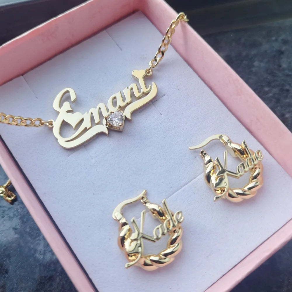 LeeChee Heart Zircon Custom Name Necklace 18mm Mini Twist Earrings Jewelry Set Gift For Girls
