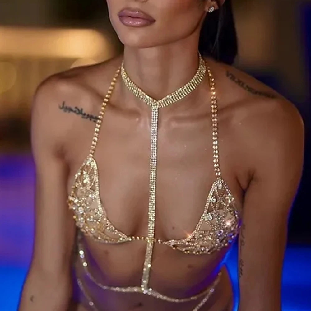 New Luxury Shiny Rhinestone Bra Neck Top for Women Harness Sexy Bikini Crystal Chain Chest Belly Breast Waist Body Jewelry Gifts