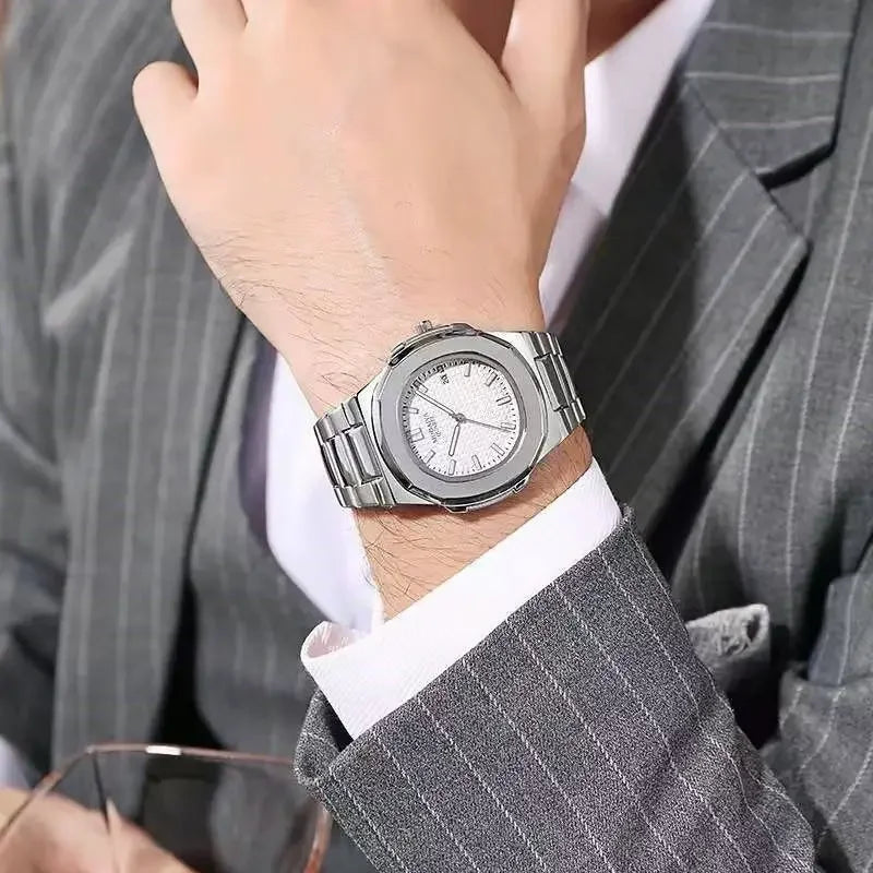 Men's Square Quartz Watch with stainless steel band and stripe dial, Hot Trend Vault luxury accessories image.