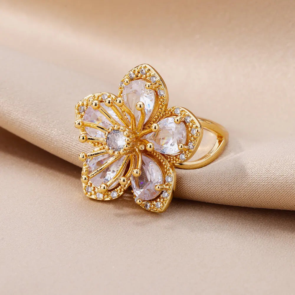 Green Zircon Flower Rings For Women Gold Color Stainless Steel Flower Floral Ring Elegant Luxury Wedding Aesthetic Jewelry Gift