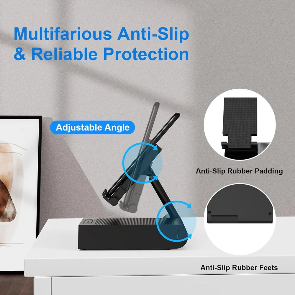 Hot Trend Vault DOSS wireless Bluetooth speaker with 15W charger, adjustable phone stand, and 8-hour playtime on desk setup.