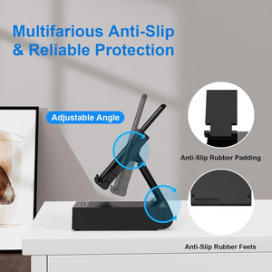Hot Trend Vault DOSS wireless Bluetooth speaker with 15W charger, adjustable phone stand, and 8-hour playtime on desk setup.