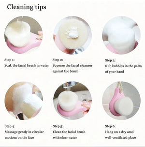 Facial cleansing brush with wooden handle and soft bristles for gentle daily skin cleaning, suitable for all skin types.