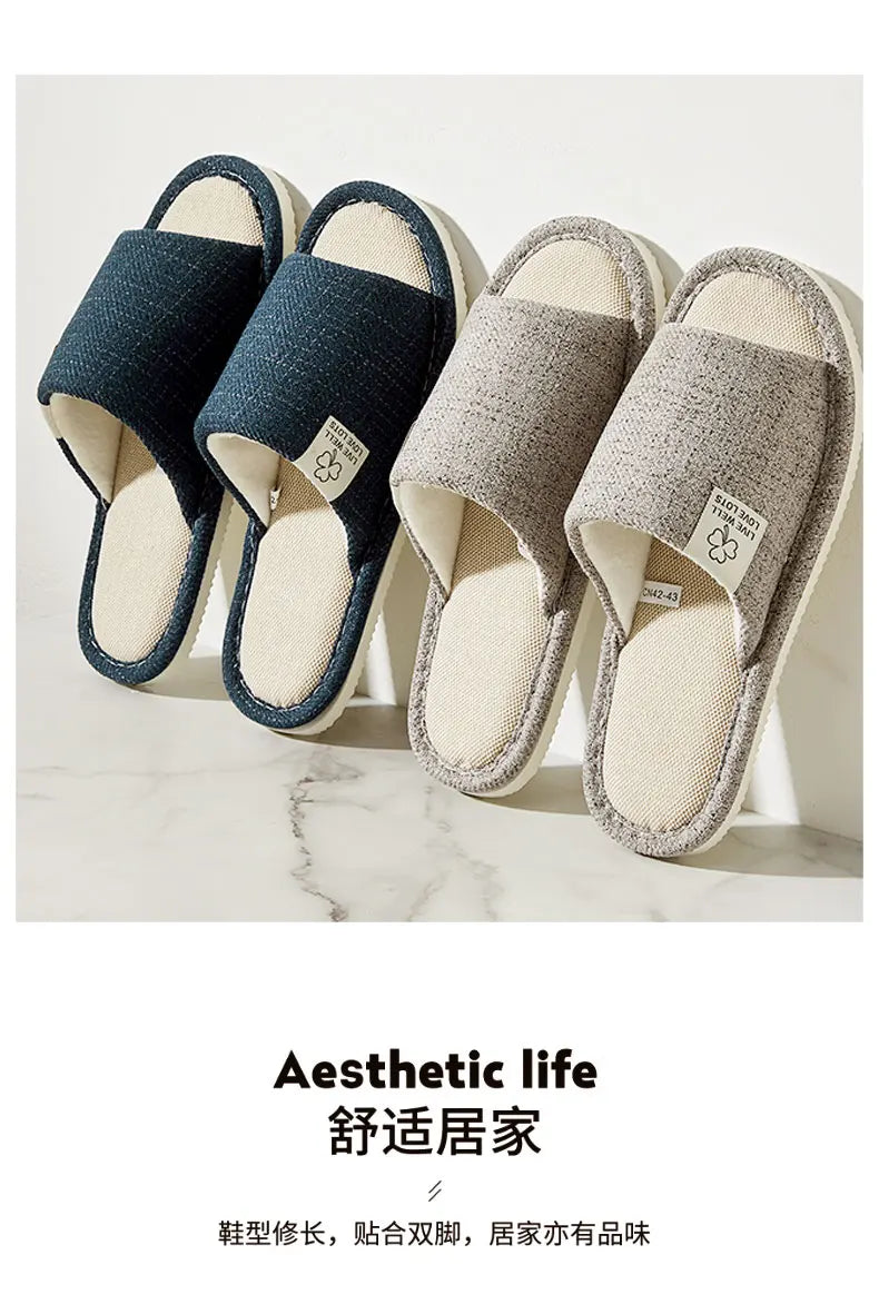 Home Linen Slippers For Women Autumn Winter Comfortable Open Toed Breathable Bedroom Shoes For Men And Women
