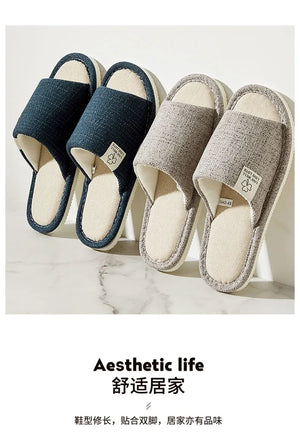 Home Linen Slippers For Women Autumn Winter Comfortable Open Toed Breathable Bedroom Shoes For Men And Women