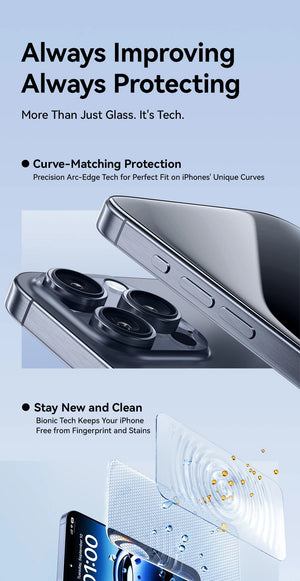 Baseus 16 Pro Max anti-peep tempered glass screen protector showing a close-up of the edge and privacy filter features.