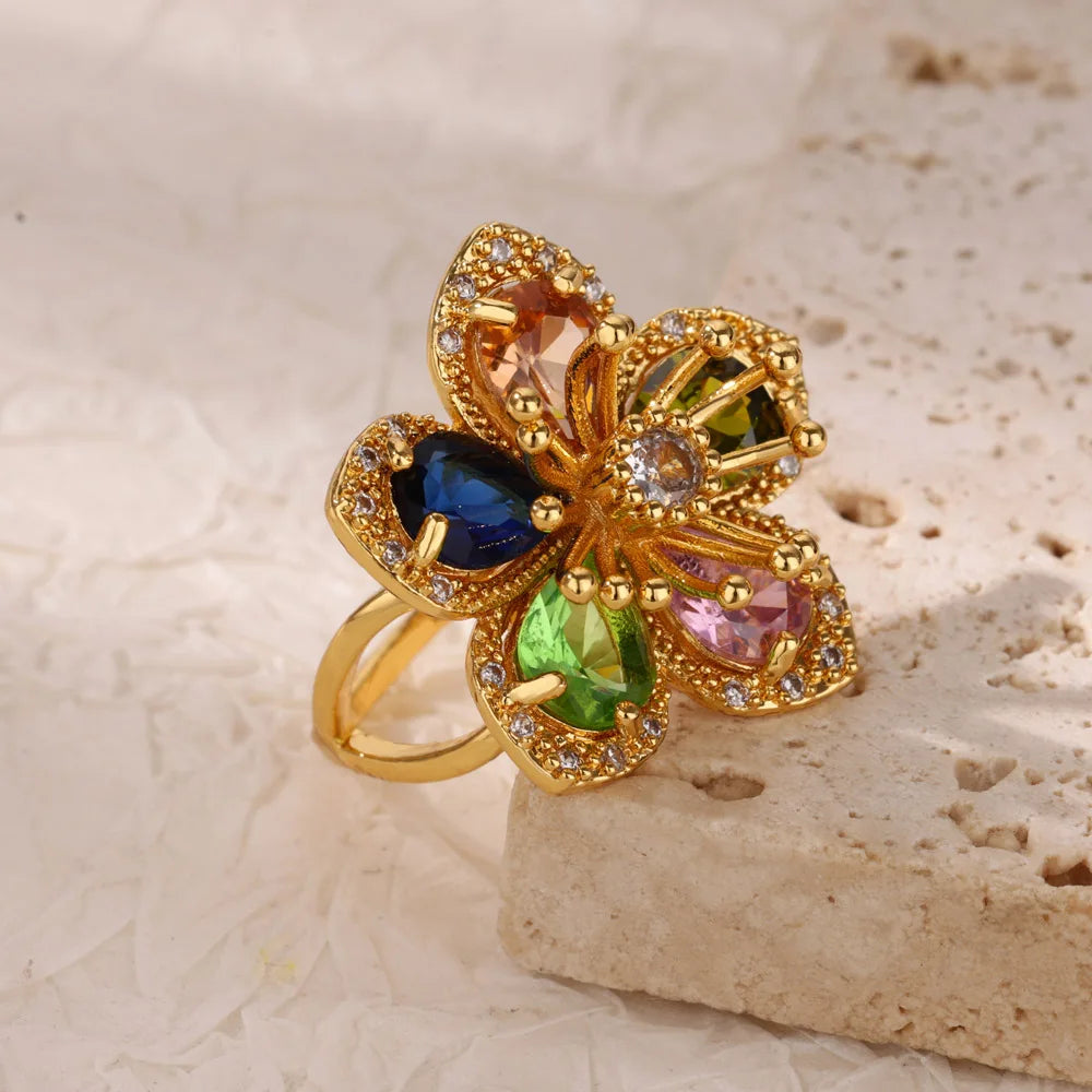 Green Zircon Flower Rings For Women Gold Color Stainless Steel Flower Floral Ring Elegant Luxury Wedding Aesthetic Jewelry Gift