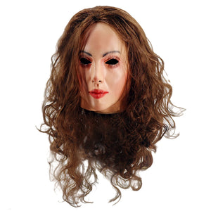 Realistic Female Latex Mask Woman Face Halloween Latex Mask with Wig Lady Crossdressing Sissy Transgender Costume