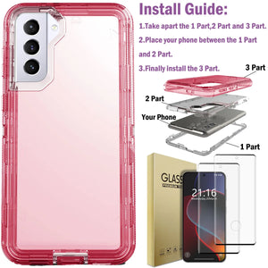 Transparent shockproof case for Galaxy S21 series with two tempered glass screen protectors, designed by Hot Trend Vault.