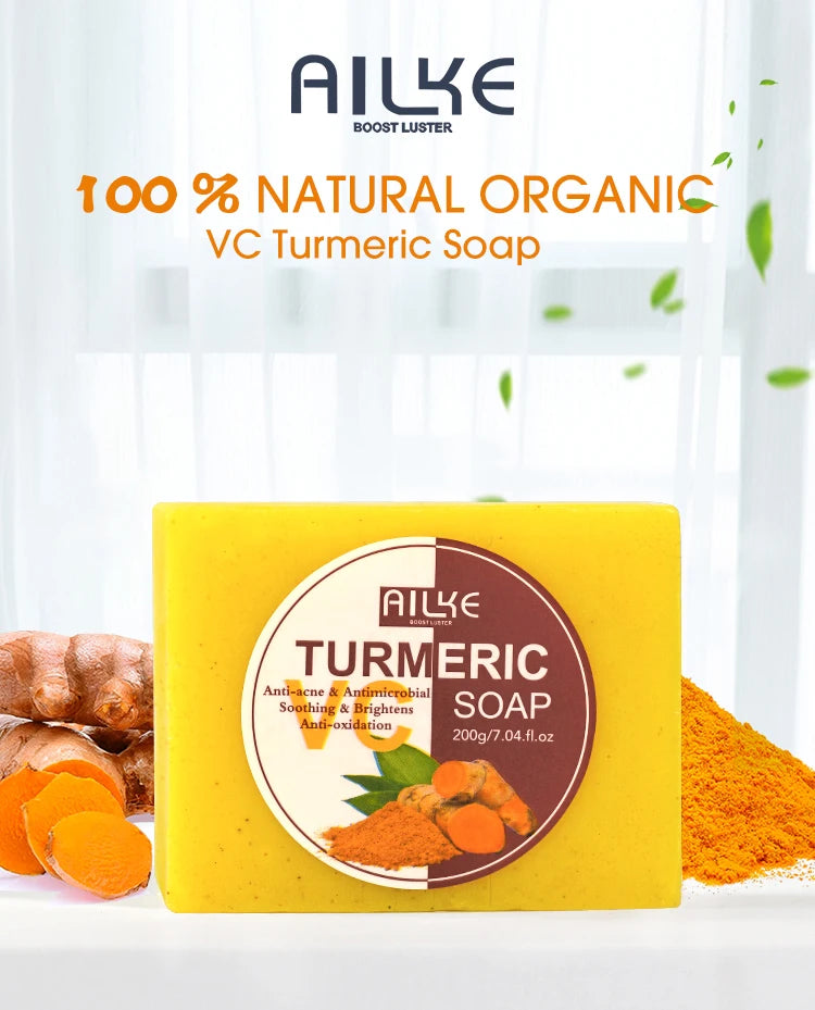 AILKE Organic Turmeric skin care set with bottles and jars, designed to brighten, even skin tone, and clear acne for all skin types