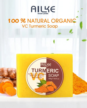 AILKE Organic Turmeric skin care set with bottles and jars, designed to brighten, even skin tone, and clear acne for all skin types