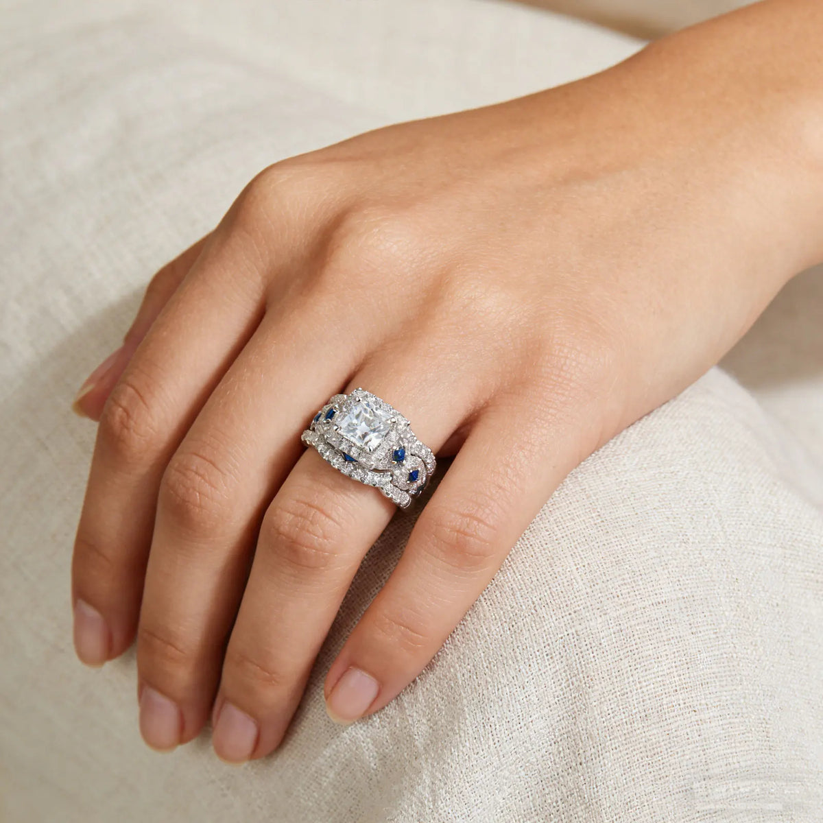 Newshe 3 Pcs Wedding Rings Set for Women 925 Silver 2.6Ct Princess Cut White Blue AAAAA CZ Luxury Bridal Engagement Jewelry